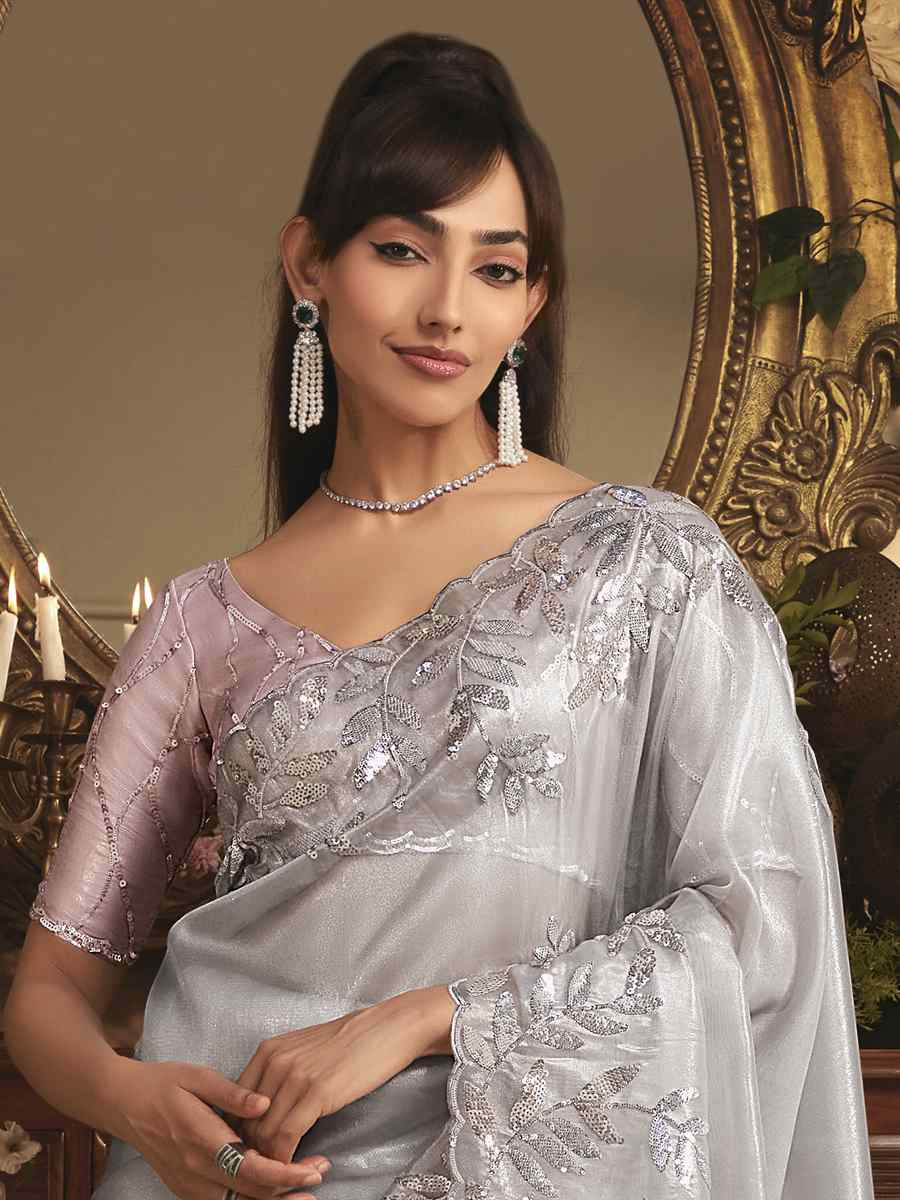 Grey Tissue Organza Embroidery Traditional Bridal Reception Festival Wedding Fancy Heavy Border Saree