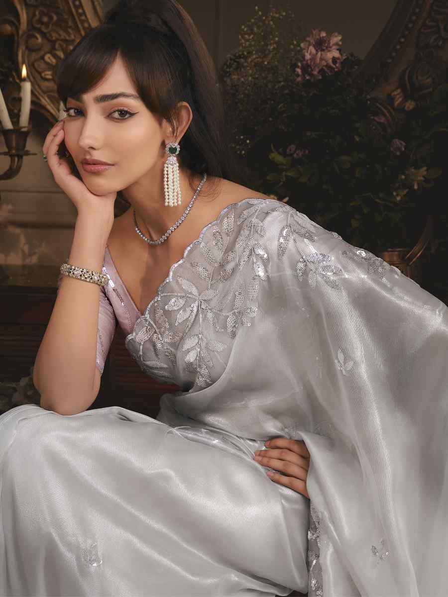 Grey Tissue Organza Embroidery Traditional Bridal Reception Festival Wedding Fancy Heavy Border Saree