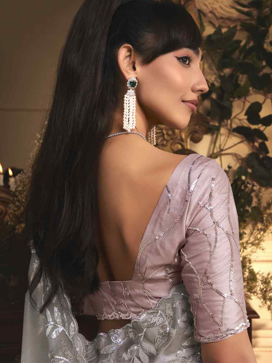 Grey Tissue Organza Embroidery Traditional Bridal Reception Festival Wedding Fancy Heavy Border Saree