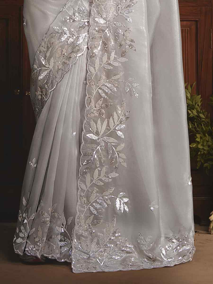 Grey Tissue Organza Embroidery Traditional Bridal Reception Festival Wedding Fancy Heavy Border Saree