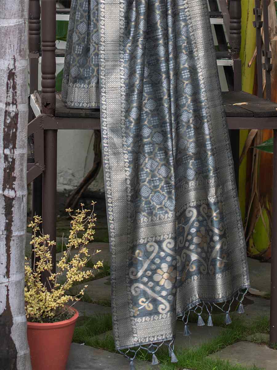 Grey Tussar Silk Handwoven Party Festival Heavy Border Saree