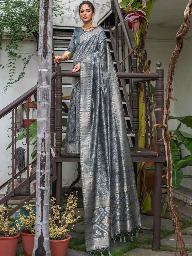 Grey Tussar Silk Handwoven Party Festival Heavy Border Saree