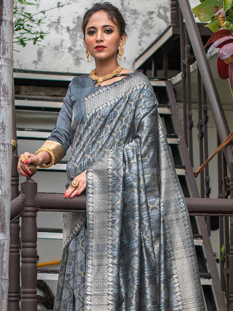 Grey Tussar Silk Handwoven Party Festival Heavy Border Saree