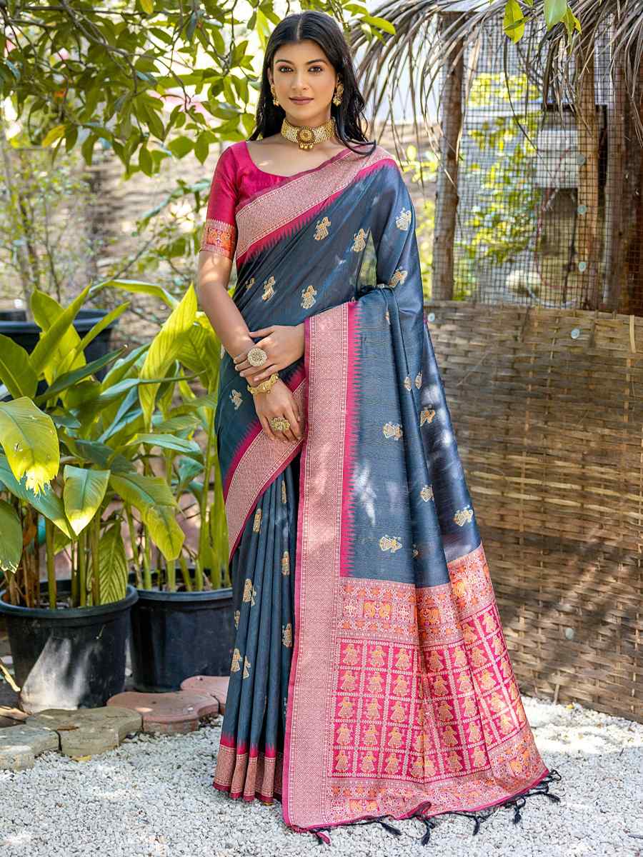 Grey Tussar Silk Handwoven Wedding Festival Heavy Border Saree