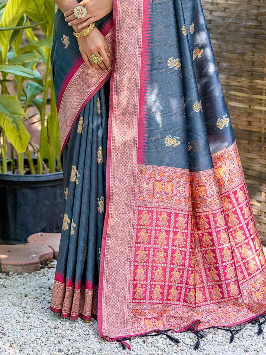 Grey Tussar Silk Handwoven Wedding Festival Heavy Border Saree