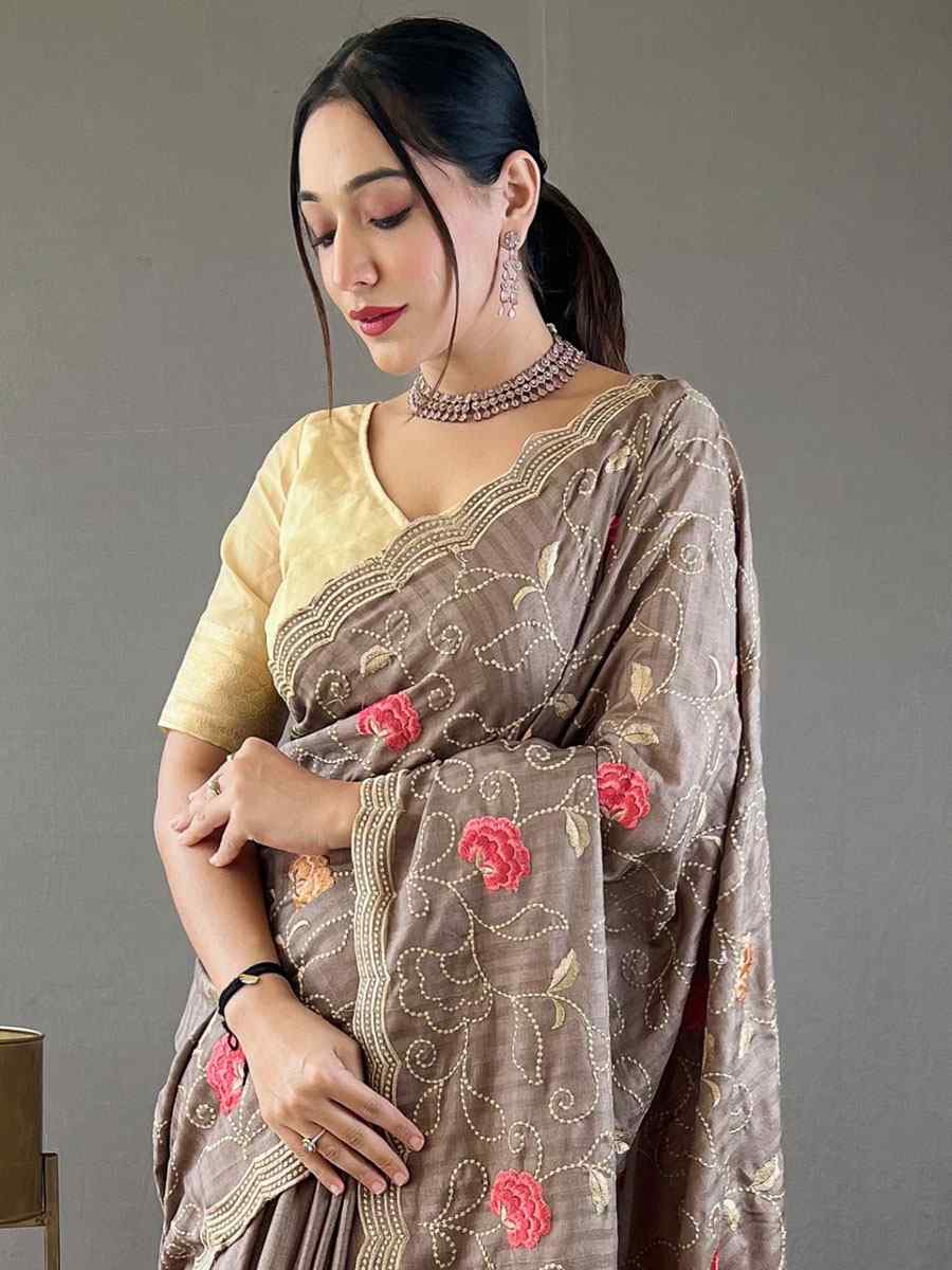 Grey Tussar Silk Handwoven Wedding Festival Heavy Border Saree