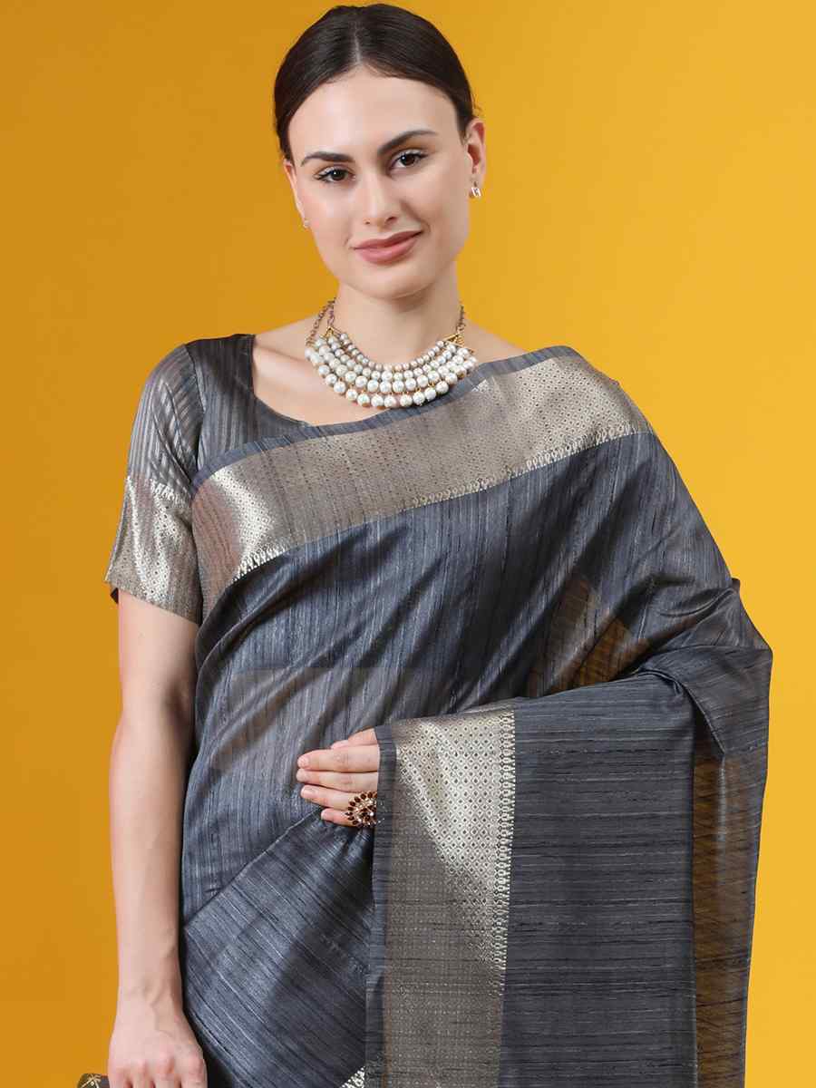 Grey Tussar Silk Handwoven Wedding Festival Heavy Border Saree