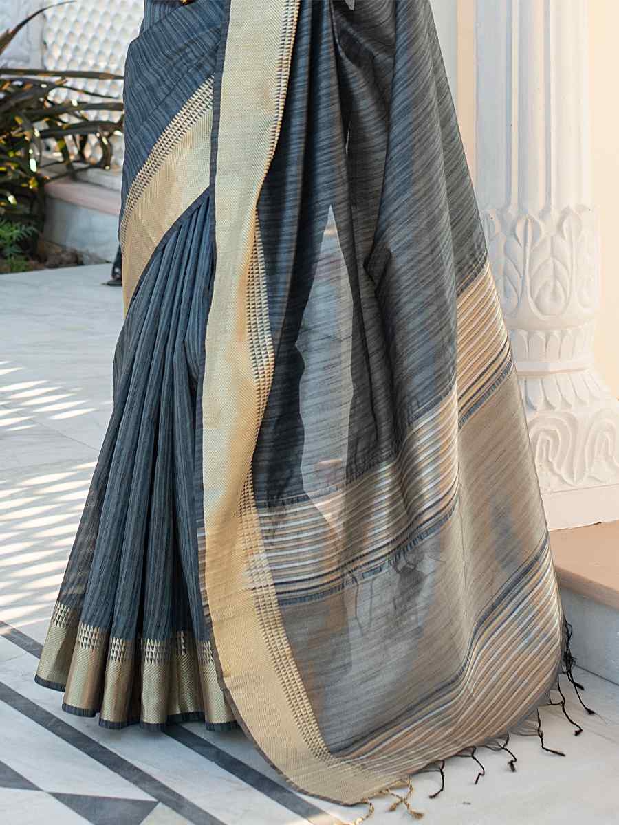 Grey Tussar Silk Handwoven Wedding Festival Heavy Border Saree