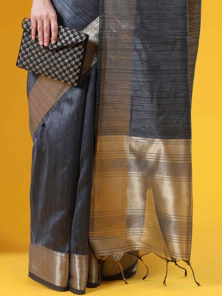 Grey Tussar Silk Handwoven Wedding Festival Heavy Border Saree