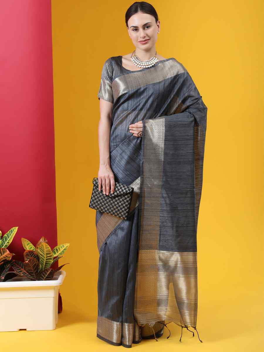 Grey Tussar Silk Handwoven Wedding Festival Heavy Border Saree