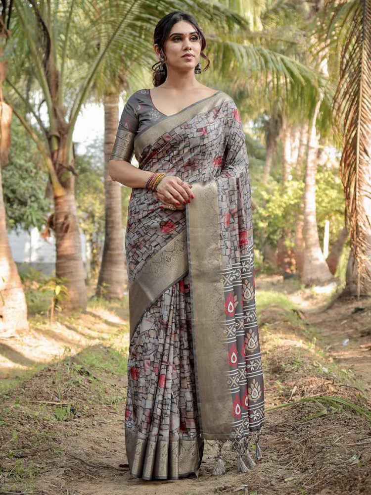 Image of Grey Tussar Silk Zari Handwoven Printed Casual Reception Festival Wedding Fancy Heavy Border Saree