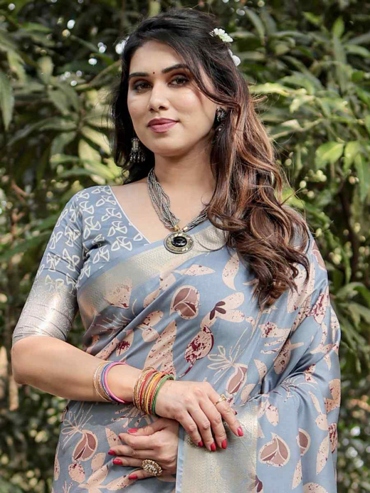 Image of Grey Tussar Silk Zari Handwoven Printed Casual Reception Festival Wedding Fancy Heavy Border Saree