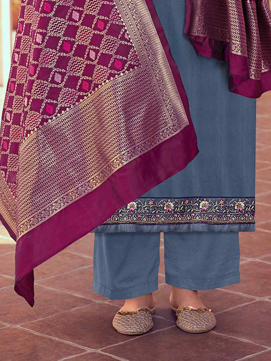 Grey Tusser Satin Butti Embroidered Wedding Festival Pant Salwar Kameez