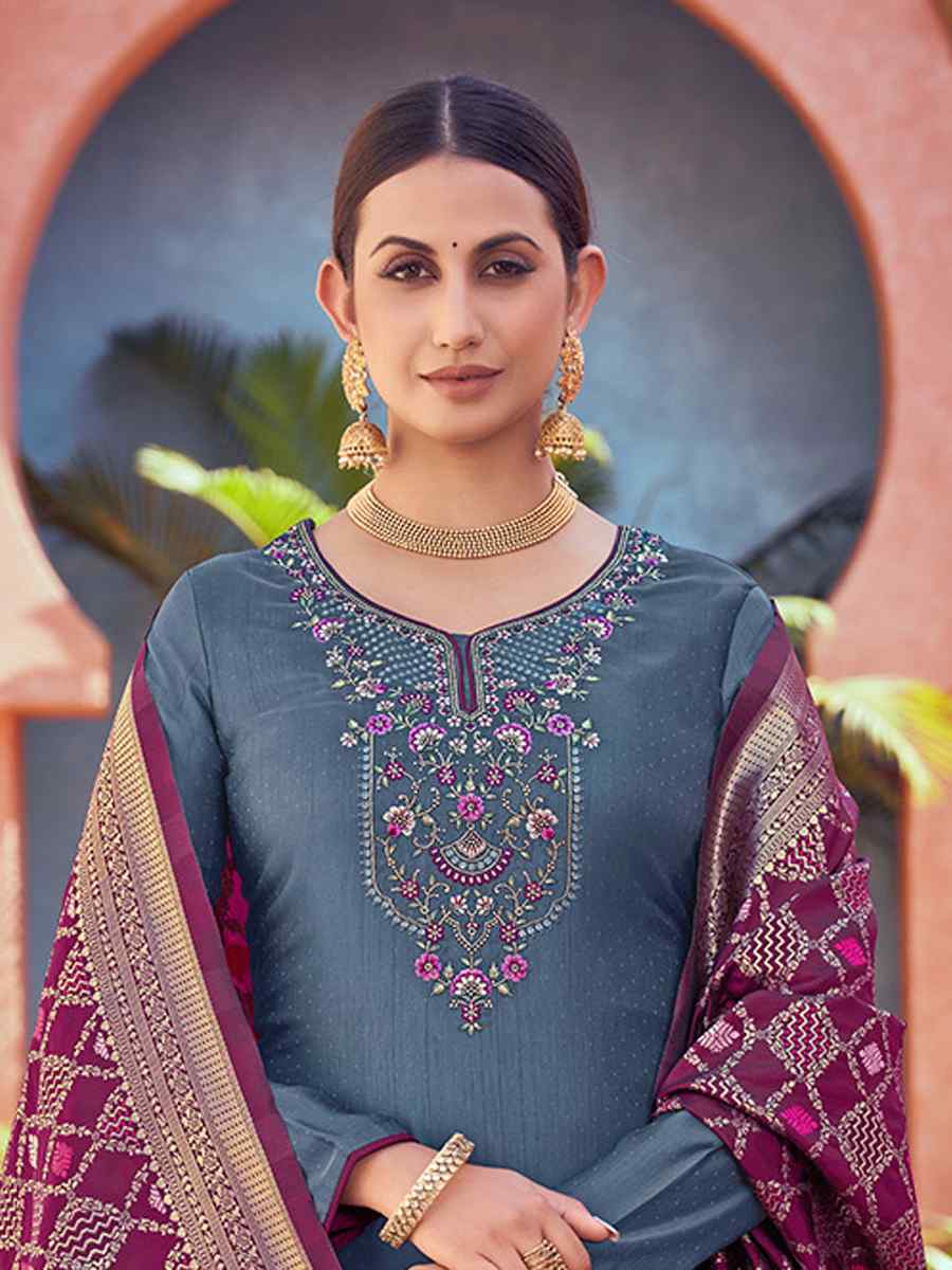 Grey Tusser Satin Butti Embroidered Wedding Festival Pant Salwar Kameez