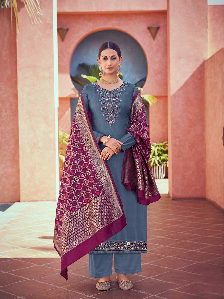 Grey Tusser Satin Butti Embroidered Wedding Festival Pant Salwar Kameez