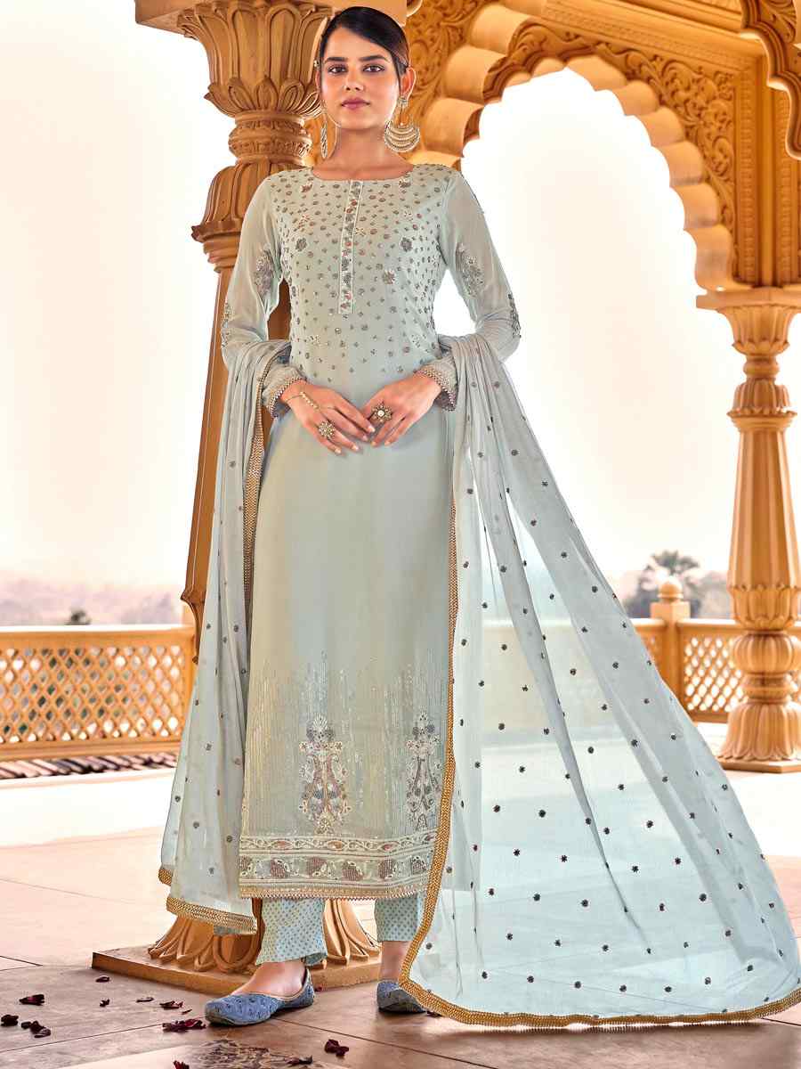 Grey Viscose Bemberg Georgette Embroidered Party Festival Pant Salwar Kameez