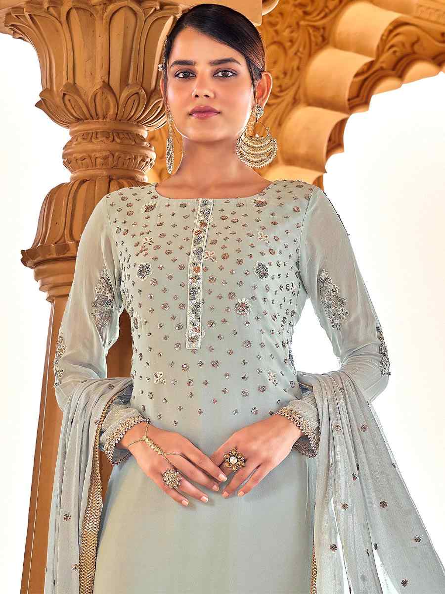 Grey Viscose Bemberg Georgette Embroidered Party Festival Pant Salwar Kameez