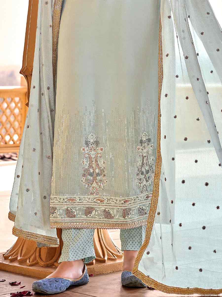 Grey Viscose Bemberg Georgette Embroidered Party Festival Pant Salwar Kameez