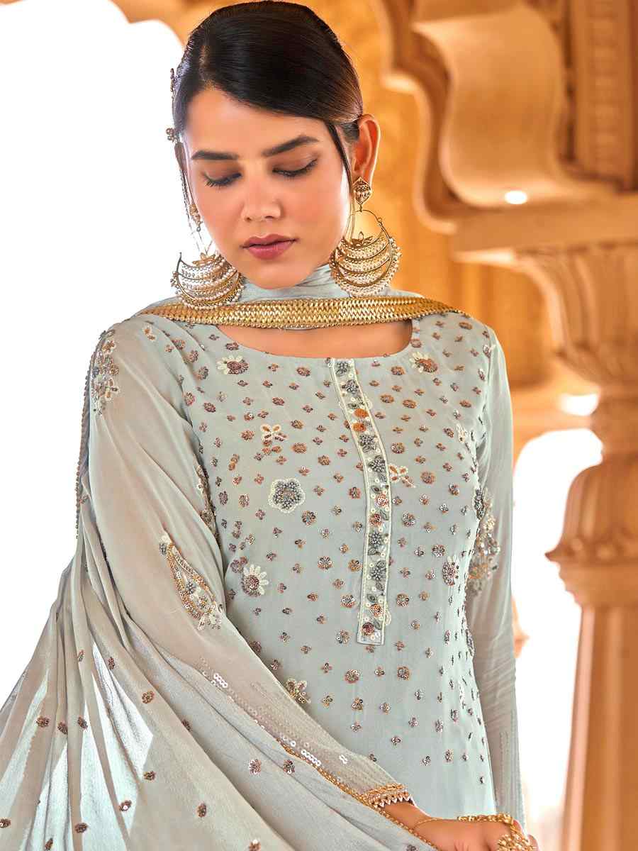 Grey Viscose Bemberg Georgette Embroidered Party Festival Pant Salwar Kameez