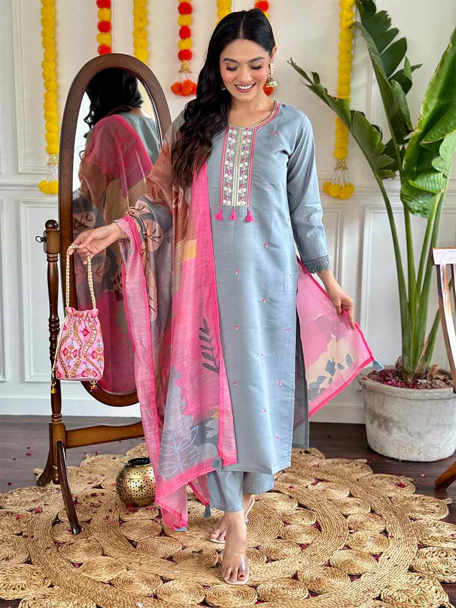 Grey Viscose Chanderi Embroidered Festival Casual Ready Pant Salwar Kameez