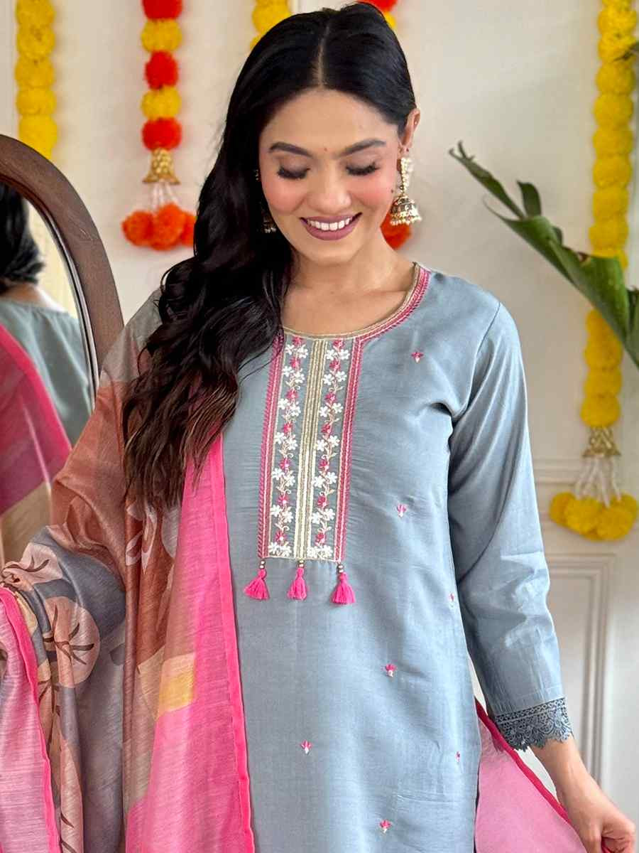 Grey Viscose Chanderi Embroidered Festival Casual Ready Pant Salwar Kameez