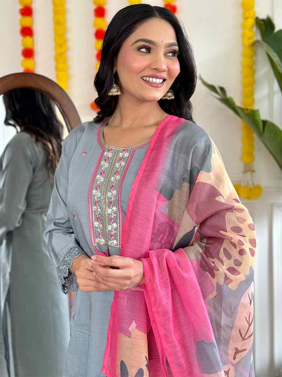 Grey Viscose Chanderi Embroidered Festival Casual Ready Pant Salwar Kameez