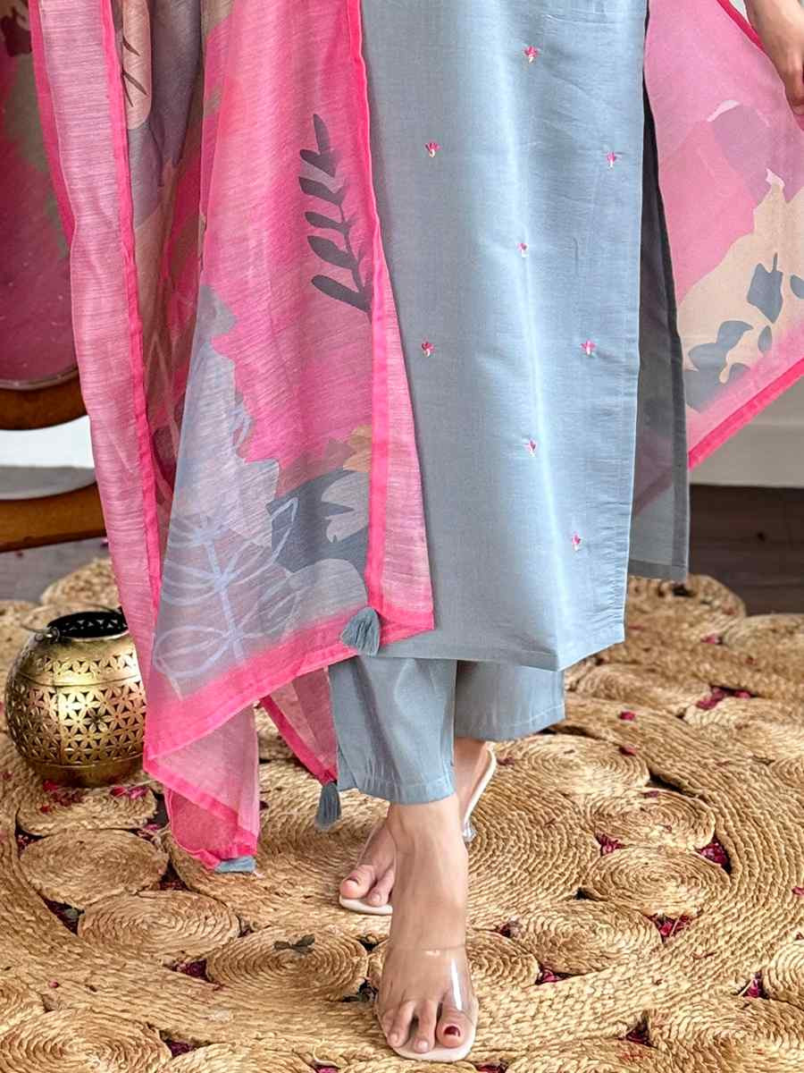 Grey Viscose Chanderi Embroidered Festival Casual Ready Pant Salwar Kameez