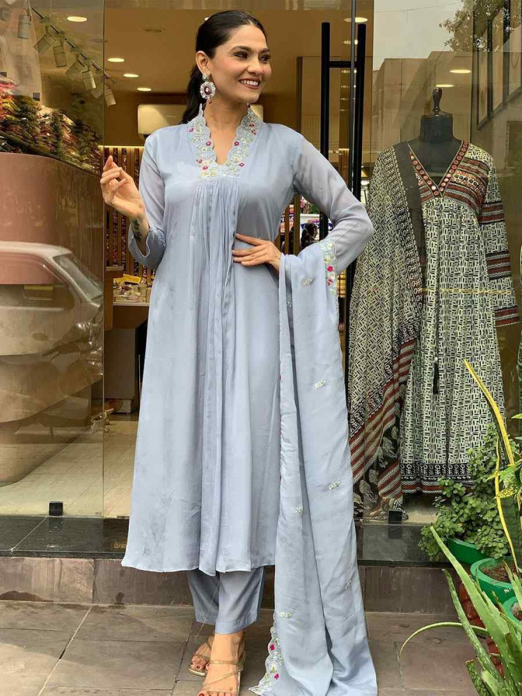 Image of Grey Viscose Chinon Embroidery Party Wedding Festival Casual Ready Pant Salwar Kameez