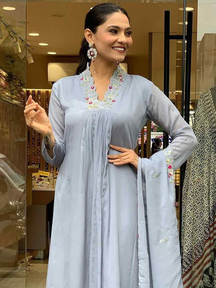 Grey Viscose Chinon Embroidery Party Wedding Festival Casual Ready Pant Salwar Kameez