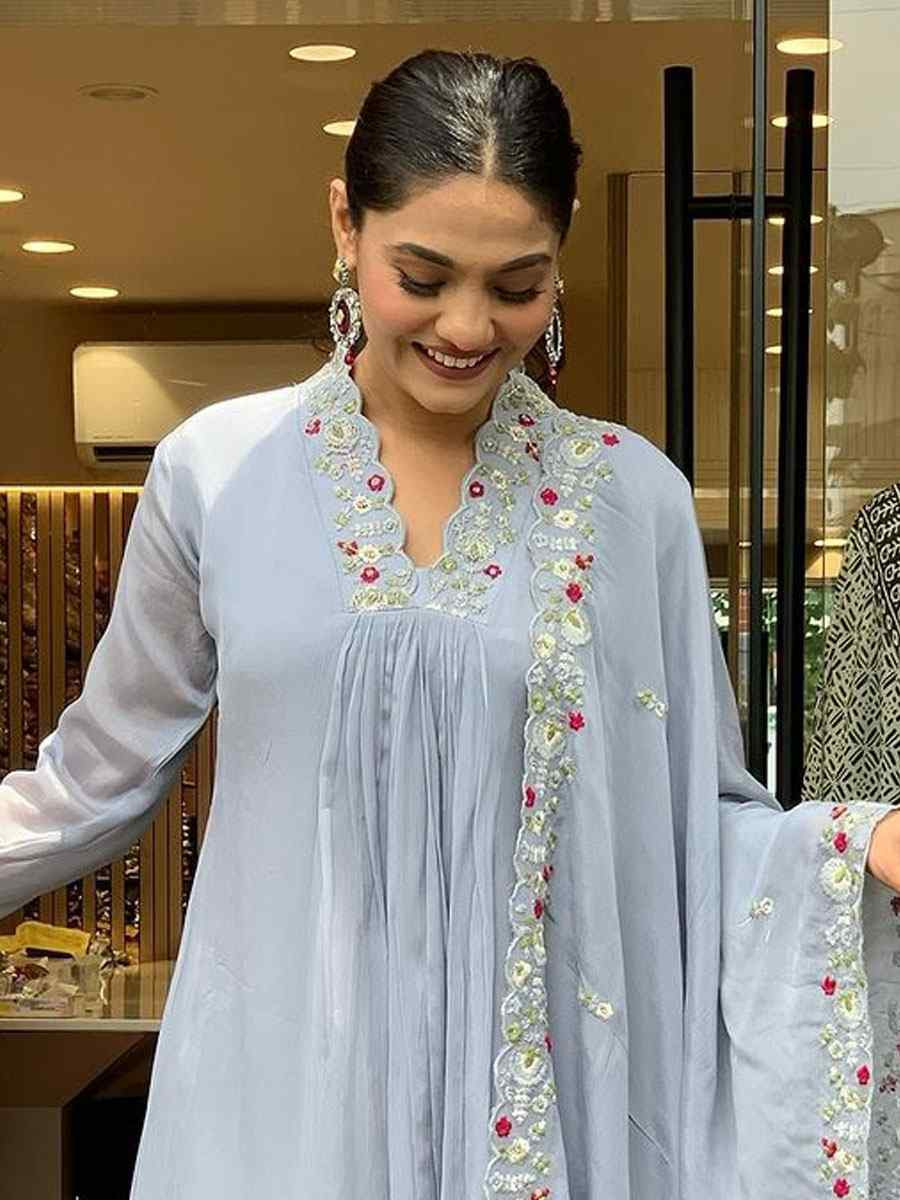 Grey Viscose Chinon Embroidery Party Wedding Festival Casual Ready Pant Salwar Kameez