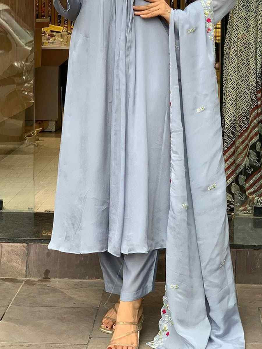 Grey Viscose Chinon Embroidery Party Wedding Festival Casual Ready Pant Salwar Kameez