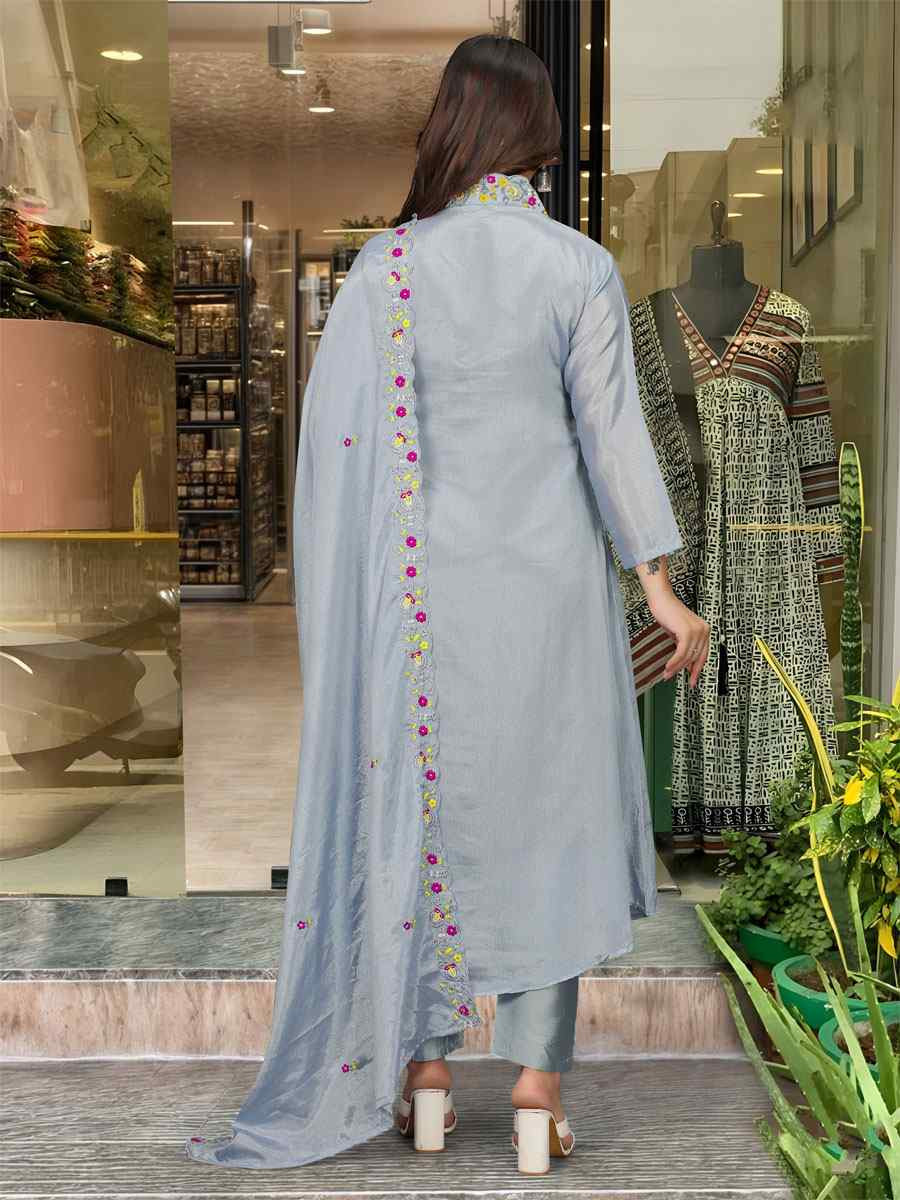 Grey Viscose Chinon Embroidery Party Wedding Festival Casual Ready Pant Salwar Kameez