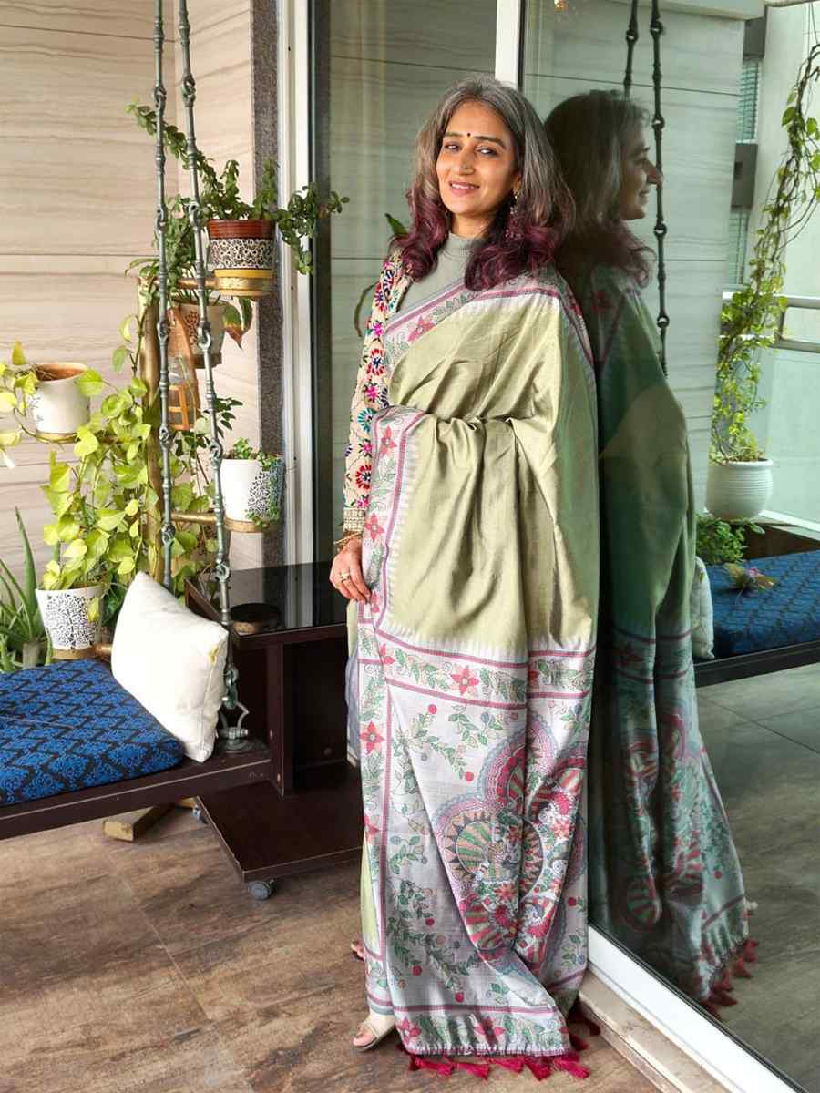 Grey Viscose Printed Handwoven Festival Wedding Fancy Heavy Border Saree