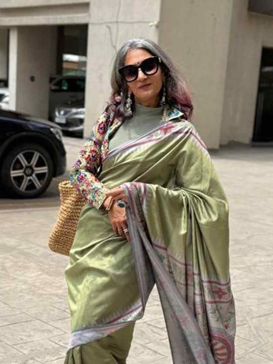 Grey Viscose Printed Handwoven Festival Wedding Fancy Heavy Border Saree