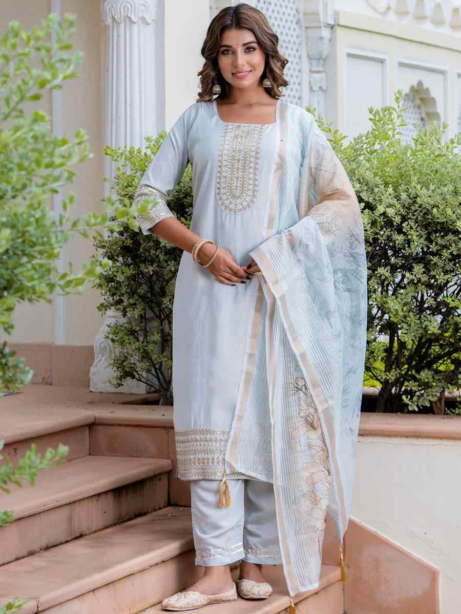 Grey Viscose Roman Silk Embroidered Party Casual Ready Pant Salwar Kameez