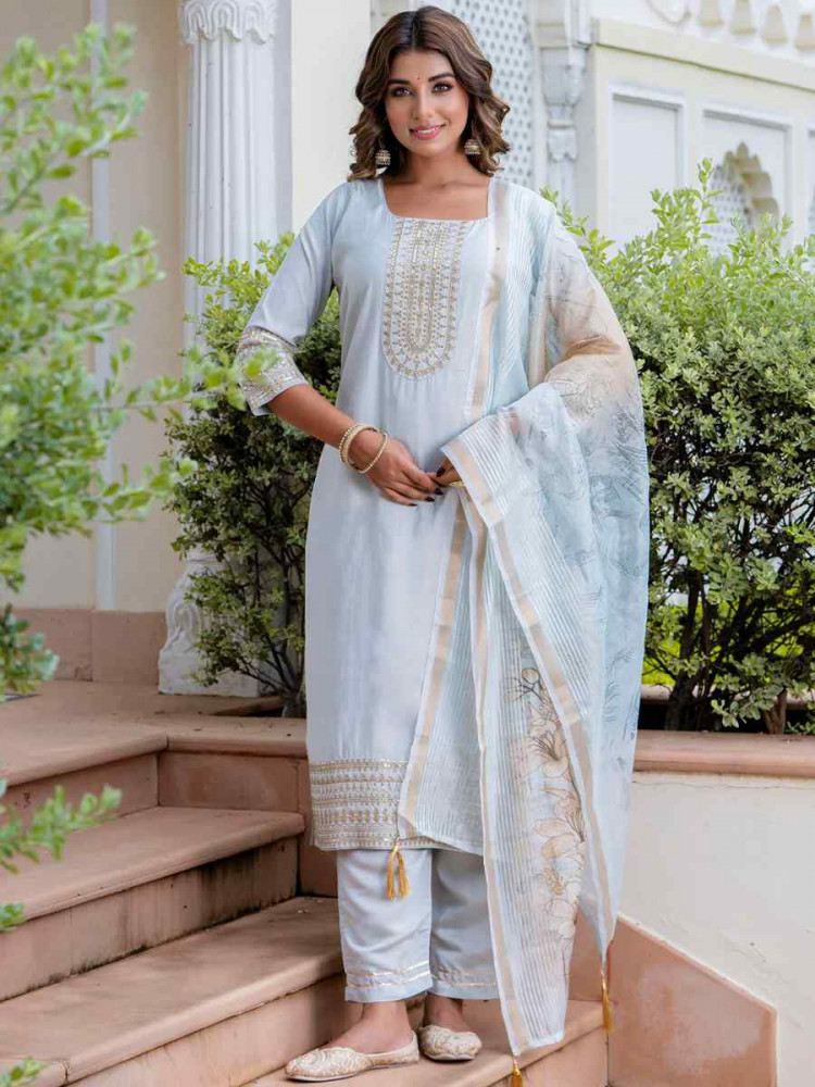 Grey Viscose Roman Silk Embroidered Party Casual Ready Pant Salwar Kameez