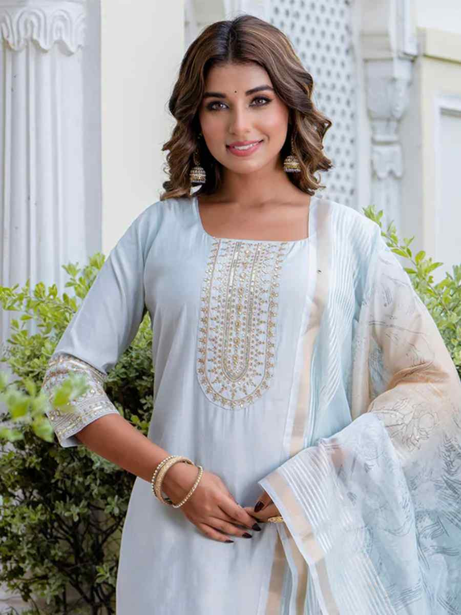 Grey Viscose Roman Silk Embroidered Party Casual Ready Pant Salwar Kameez