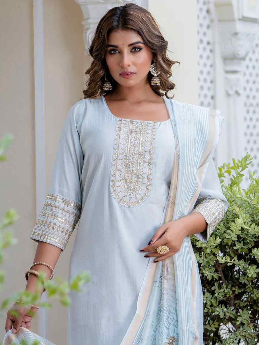 Grey Viscose Roman Silk Embroidered Party Casual Ready Pant Salwar Kameez