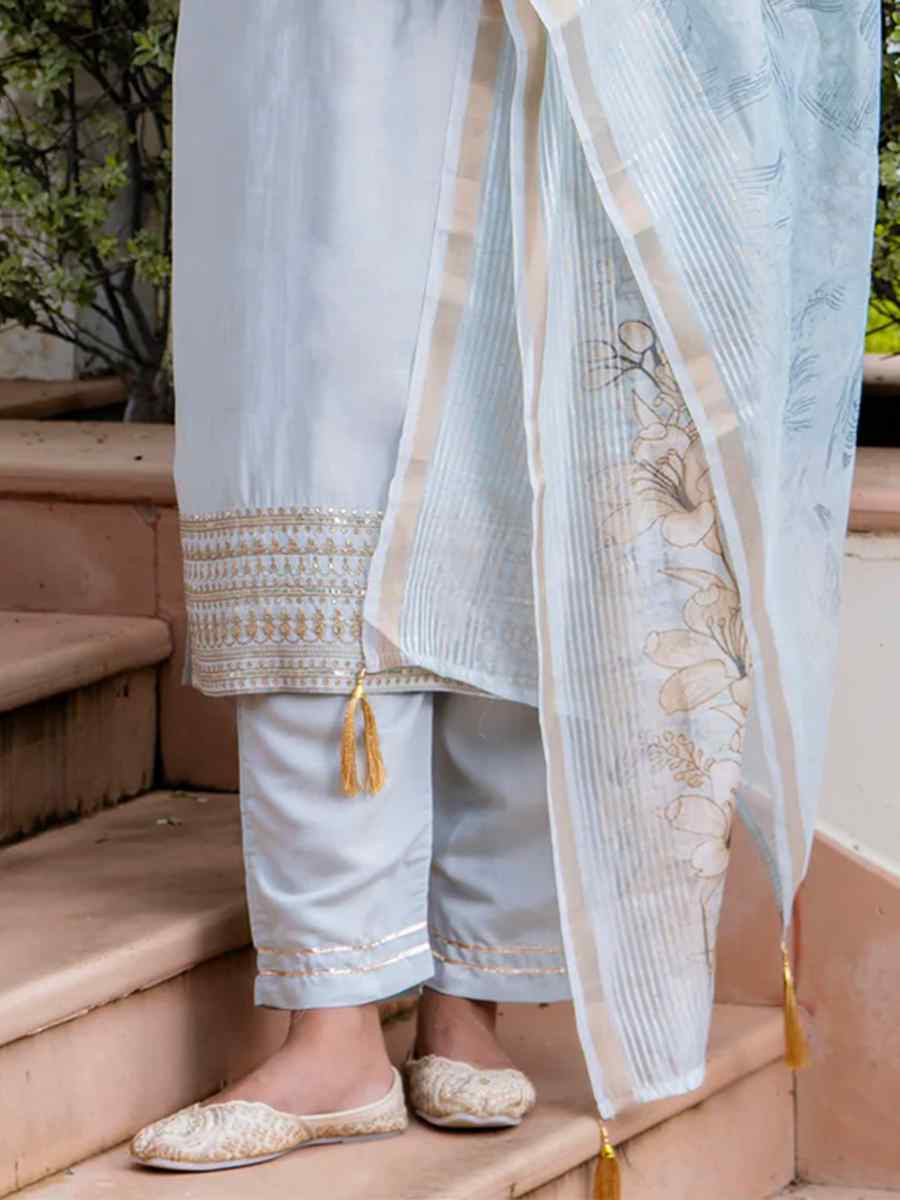 Grey Viscose Roman Silk Embroidered Party Casual Ready Pant Salwar Kameez