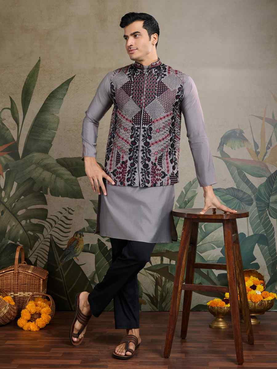 Grey Viscose Silk Embroidered Festival Party Kurta with Waistcoat