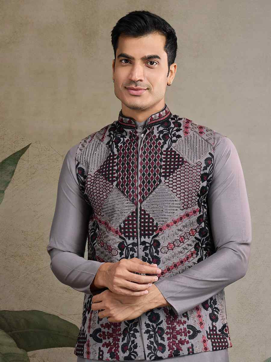 Grey Viscose Silk Embroidered Festival Party Kurta with Waistcoat