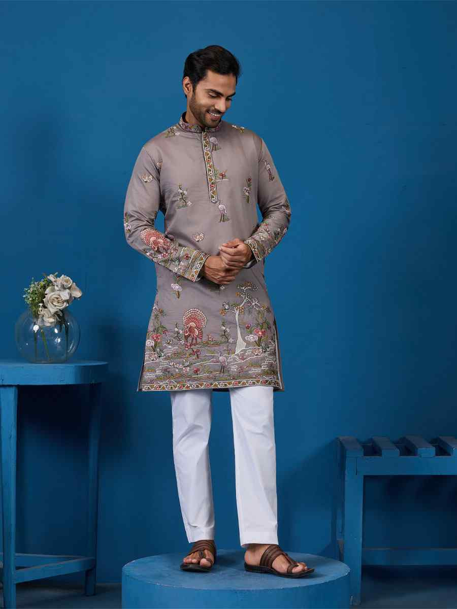 Grey Viscose Silk Embroidery Festival Wedding Party Mens Kurta