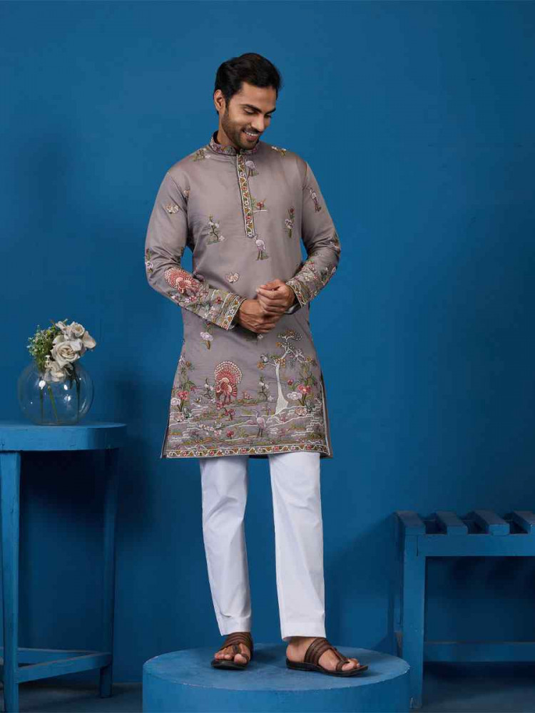 Image of Grey Viscose Silk Embroidery Festival Wedding Party Mens Kurta