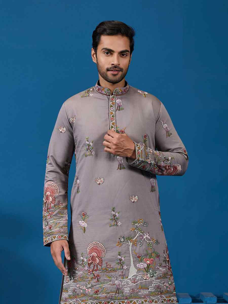Grey Viscose Silk Embroidery Festival Wedding Party Mens Kurta