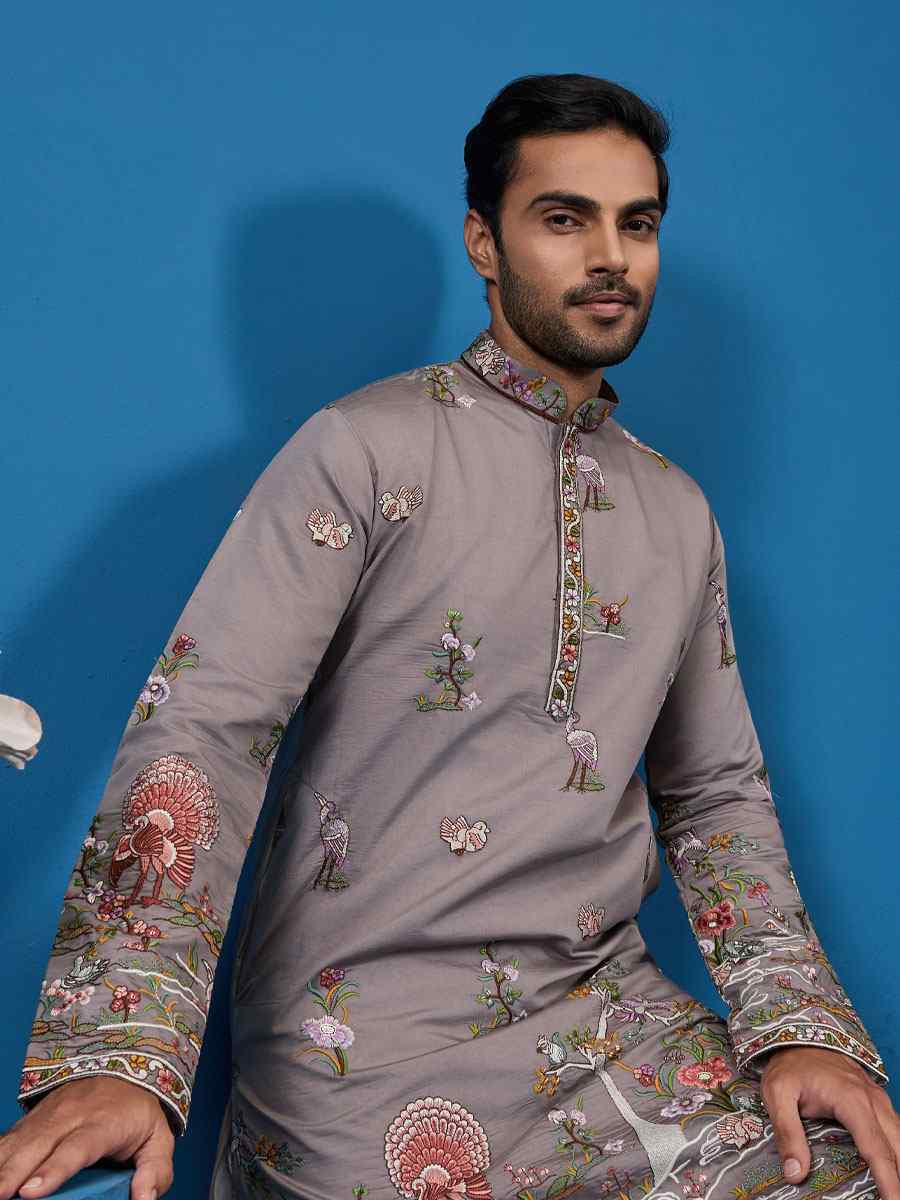 Grey Viscose Silk Embroidery Festival Wedding Party Mens Kurta