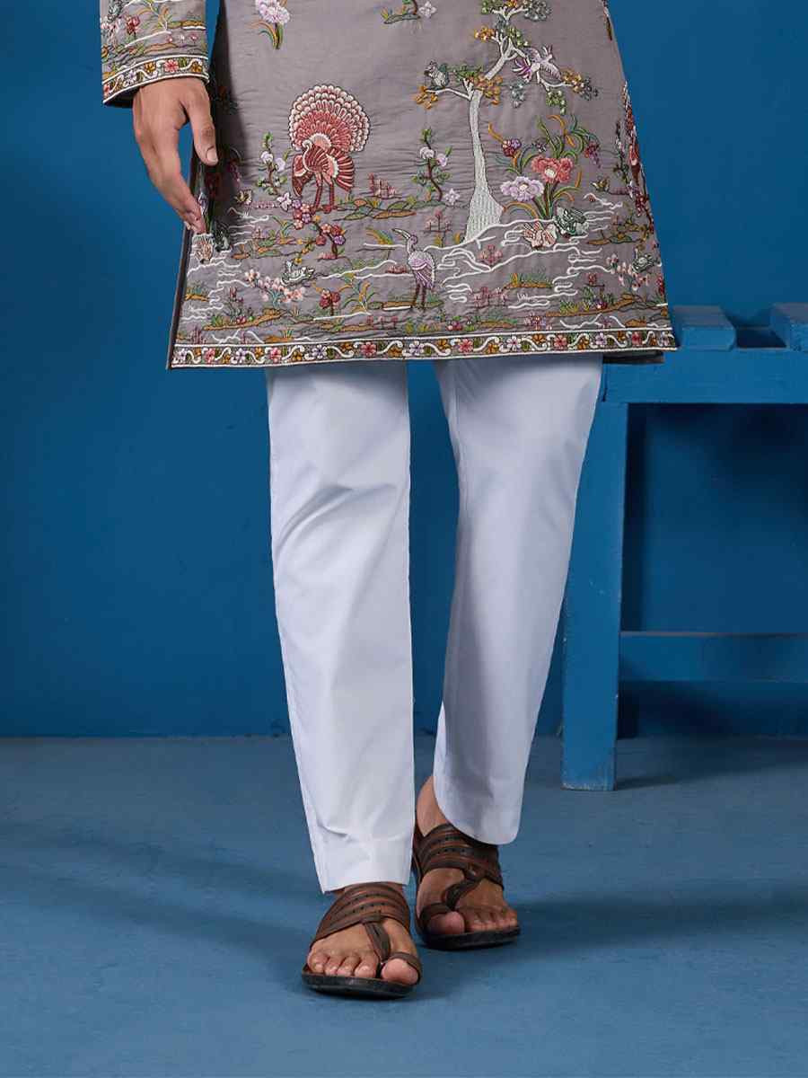 Grey Viscose Silk Embroidery Festival Wedding Party Mens Kurta