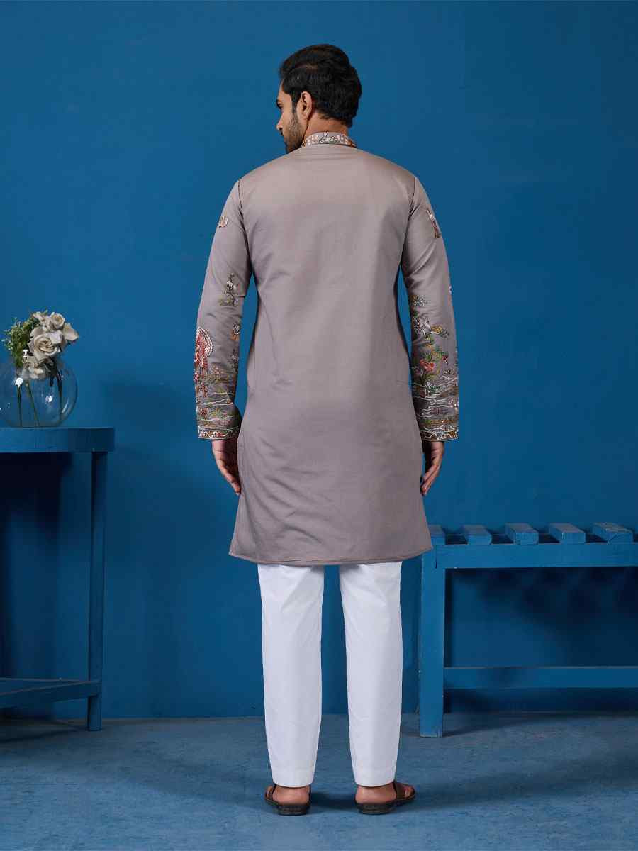 Grey Viscose Silk Embroidery Festival Wedding Party Mens Kurta