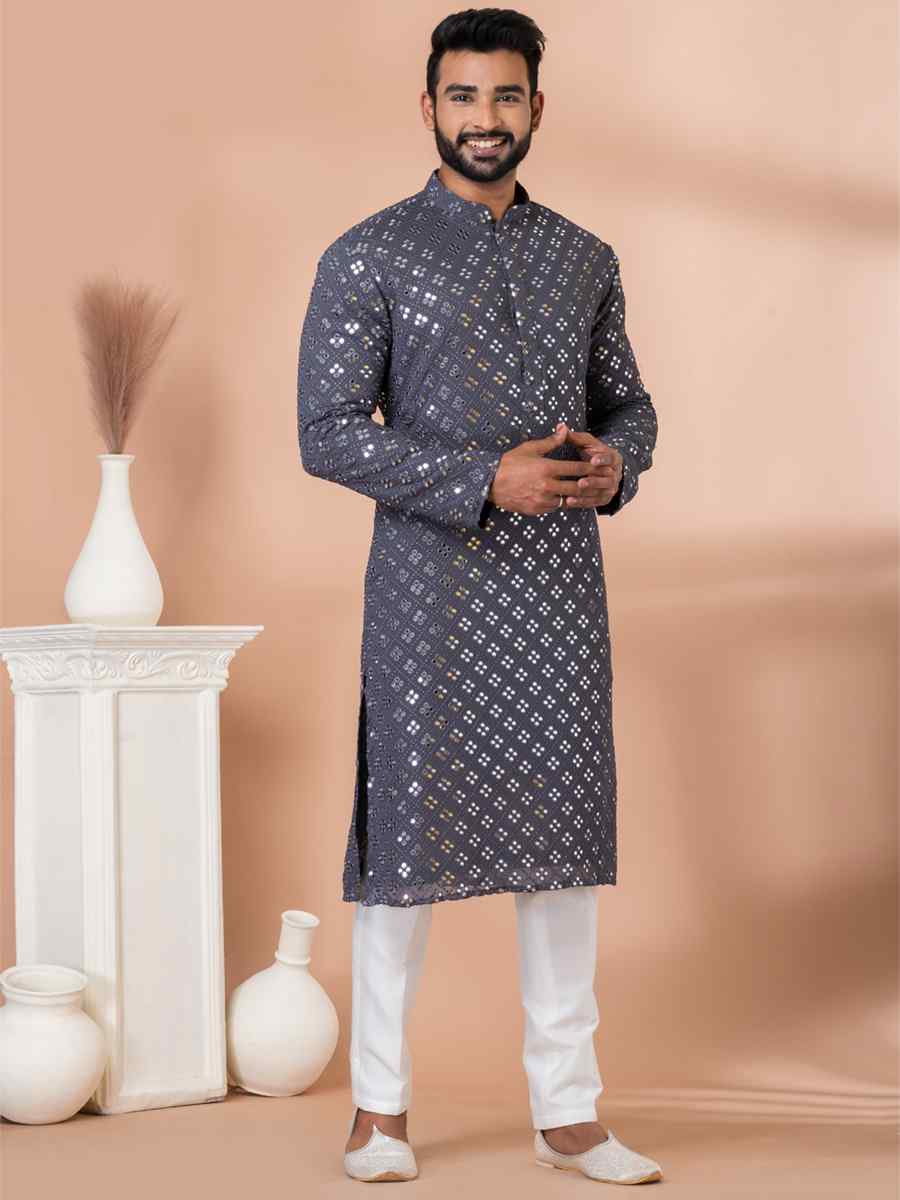 Grey Viscose Woven Festival Wedding Kurta