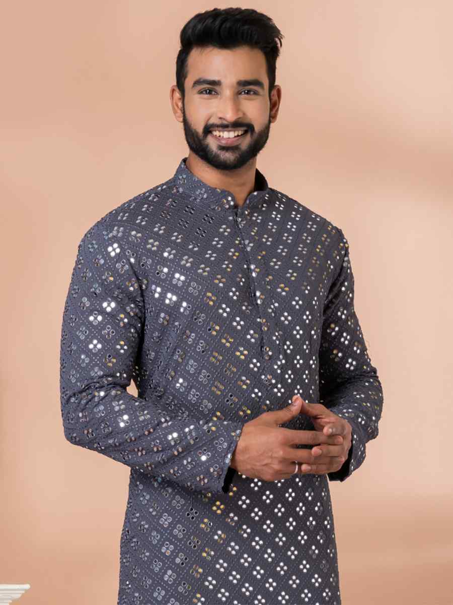 Grey Viscose Woven Festival Wedding Kurta