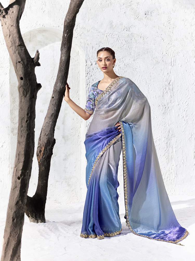 Image of Grey&amp;Blue Premium Luxe Silk Organza Embroidery Sequins Wedding Reception Party Festival Casual Heavy Border Sarees